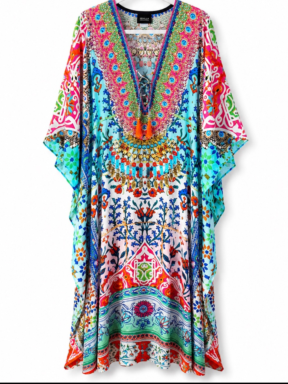 Sakkas Flowy Rhinestone V Neck Long Caftan Dress Cover Up